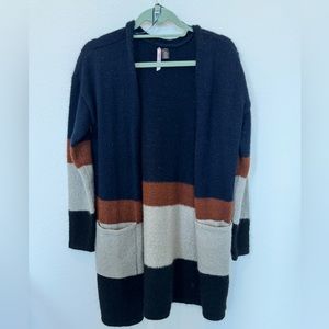 Love by design, size medium, navy blue, brown, gray and black cardigan